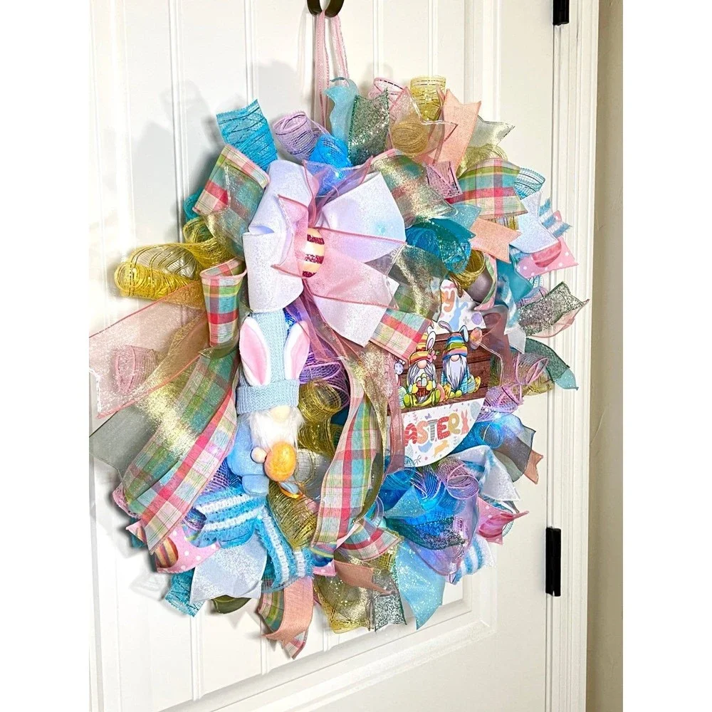Handmade Easter Bunny Gnome Prelit Ribbon Wreath 22 in LED W10
